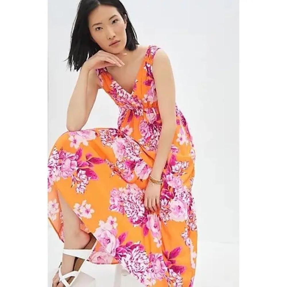 Anthropologie Orange Gathered Floral V-Neck Tiered Maxi Dress Pockets Size 1X